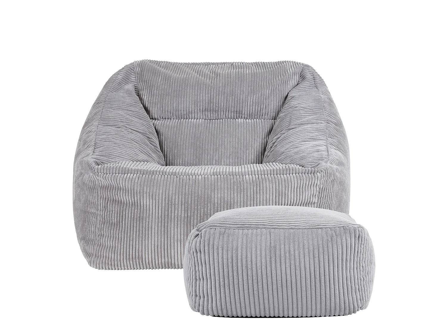 Pouf fauteuil et son repose-pieds carré velours côtelé gris, salon ou chambre - NATALIA