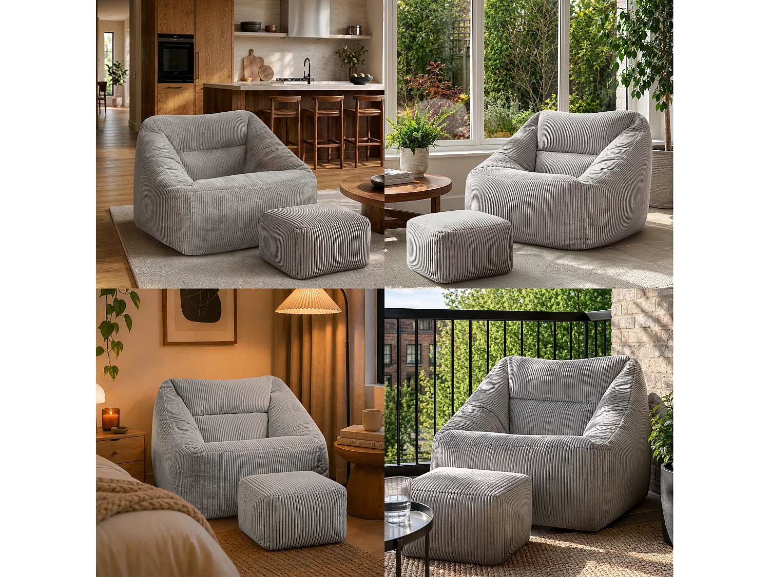Pouf fauteuil et son repose-pieds carré velours côtelé gris, salon ou chambre - NATALIA