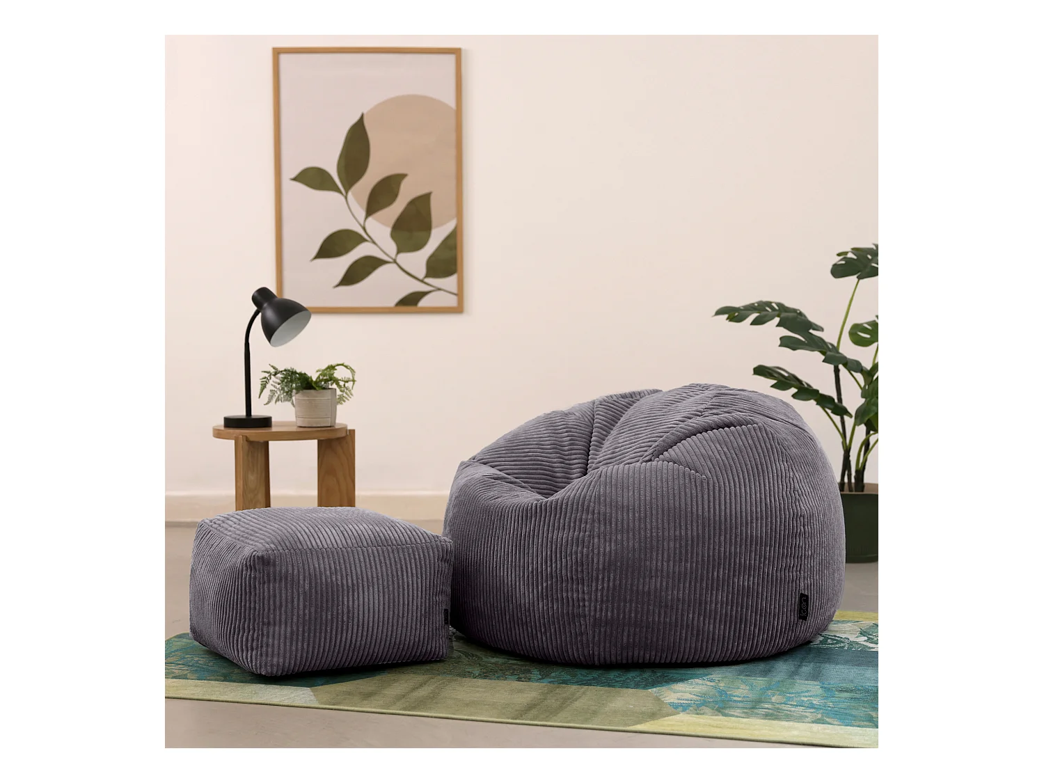 Pouf classique et son repose-pied velours côtelé, gris anthracite - KINGSTON