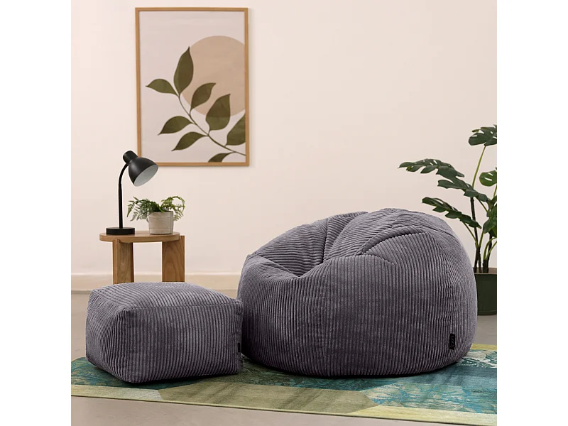 Pouf classique et son repose-pied carré velours côtelé, gris anthracite, chambre et salon - KINGSTON