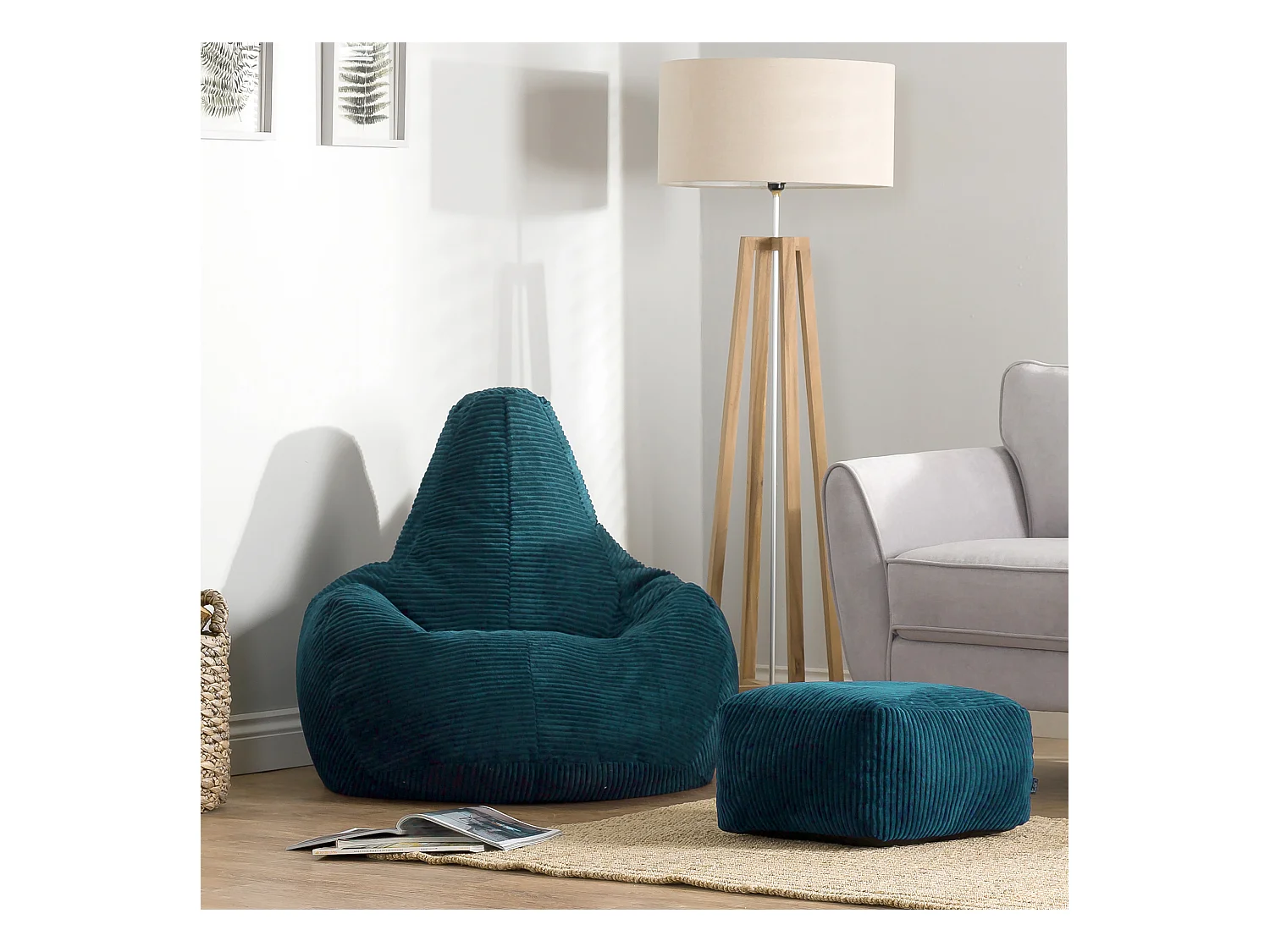 Pouf inclinable velours côtelé, bleu canard - DALTON