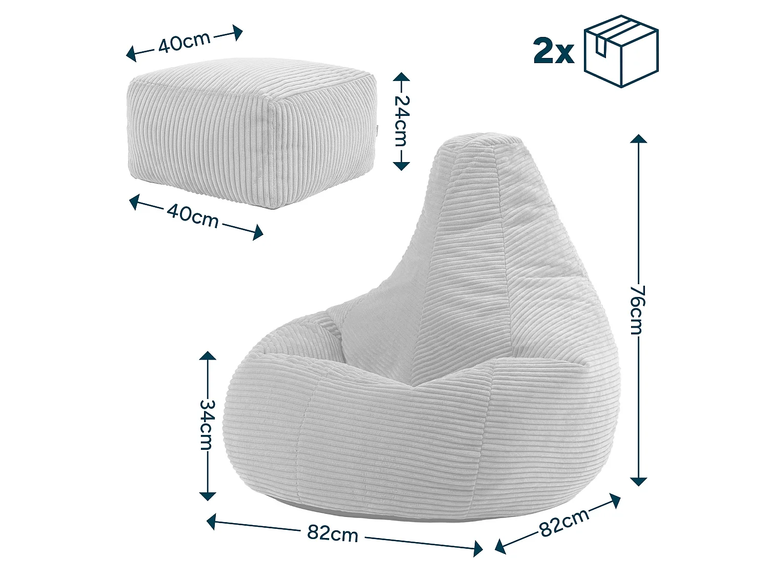 Pouf inclinable velours côtelé, bleu canard - DALTON