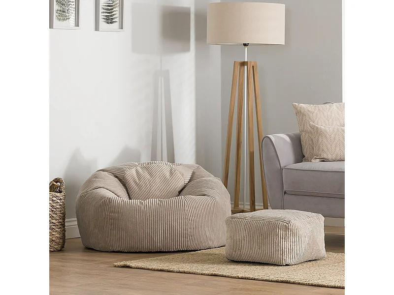 Pouf classique et son repose-pied velours côtelé, beige galet  - KINGSTON