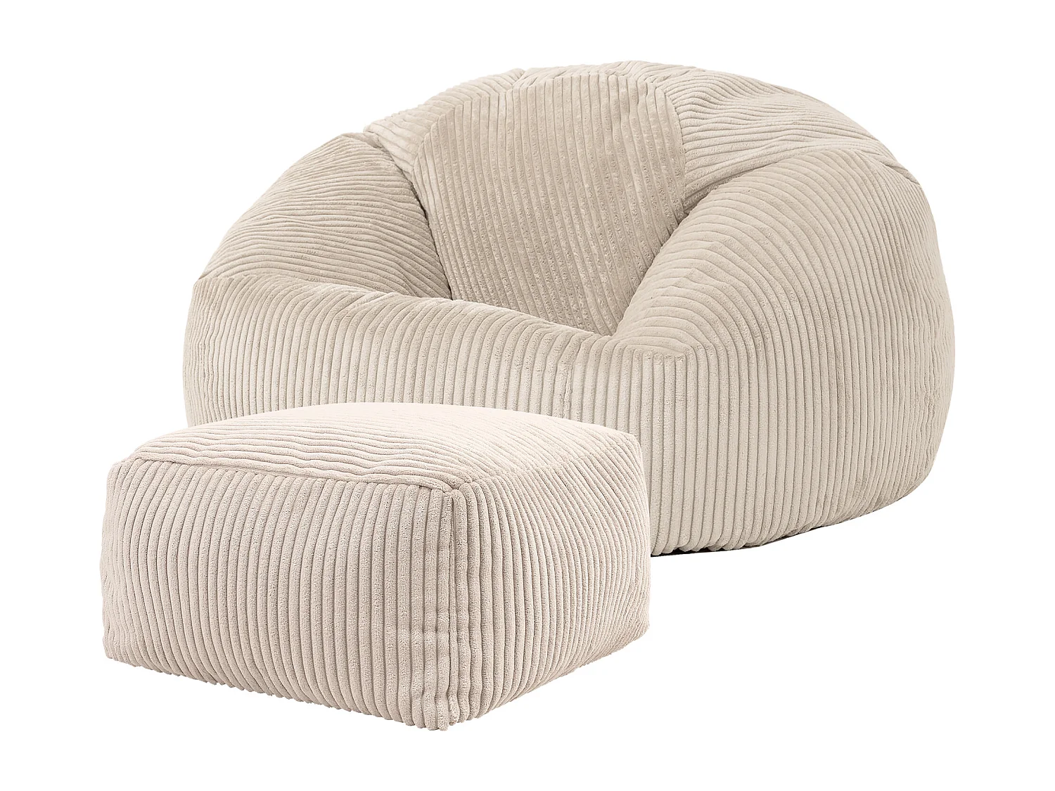Pouf classique et son repose-pied velours côtelé, beige galet  - KINGSTON