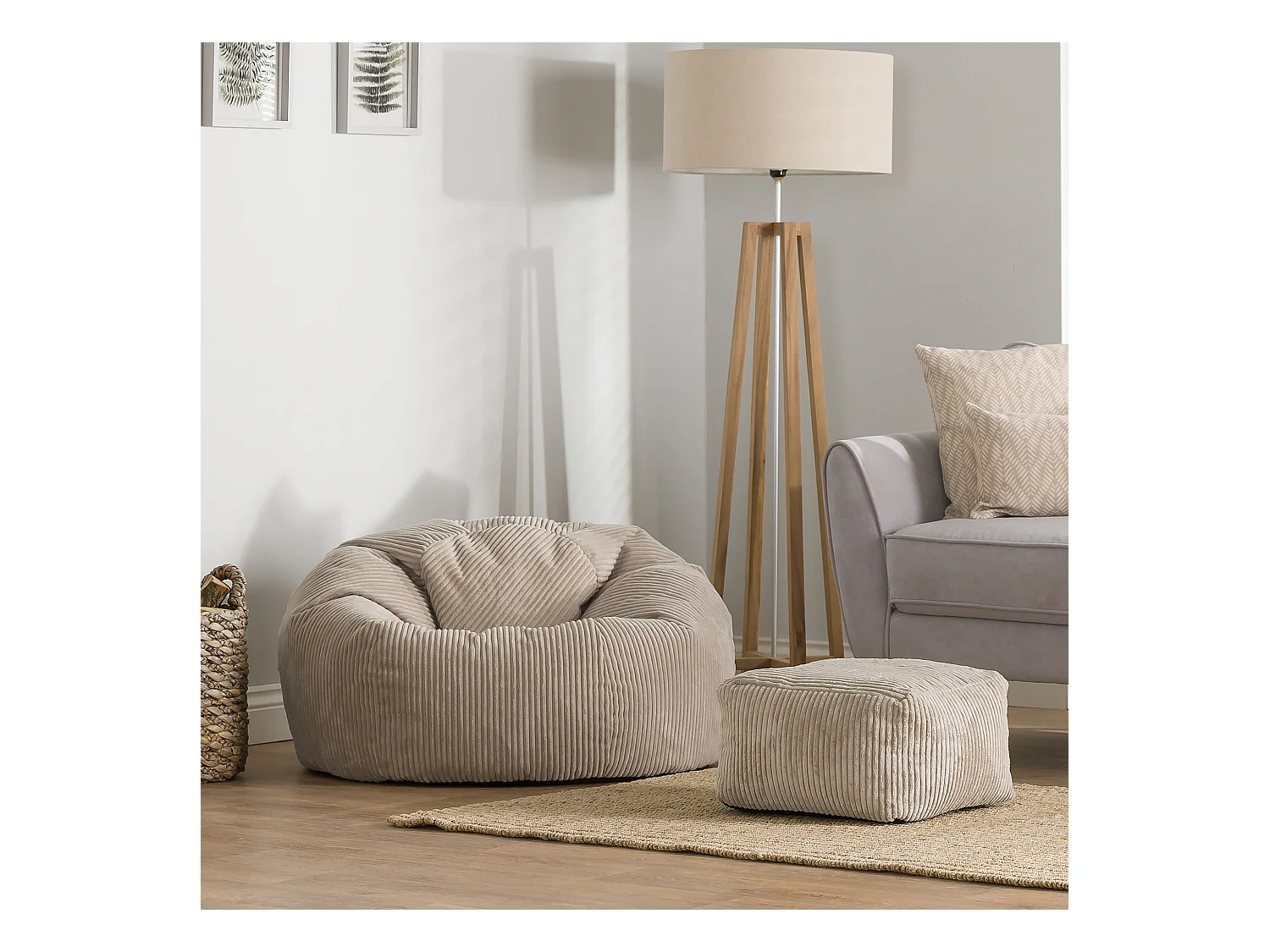 Pouf classique et son repose-pied velours côtelé, beige galet  - KINGSTON