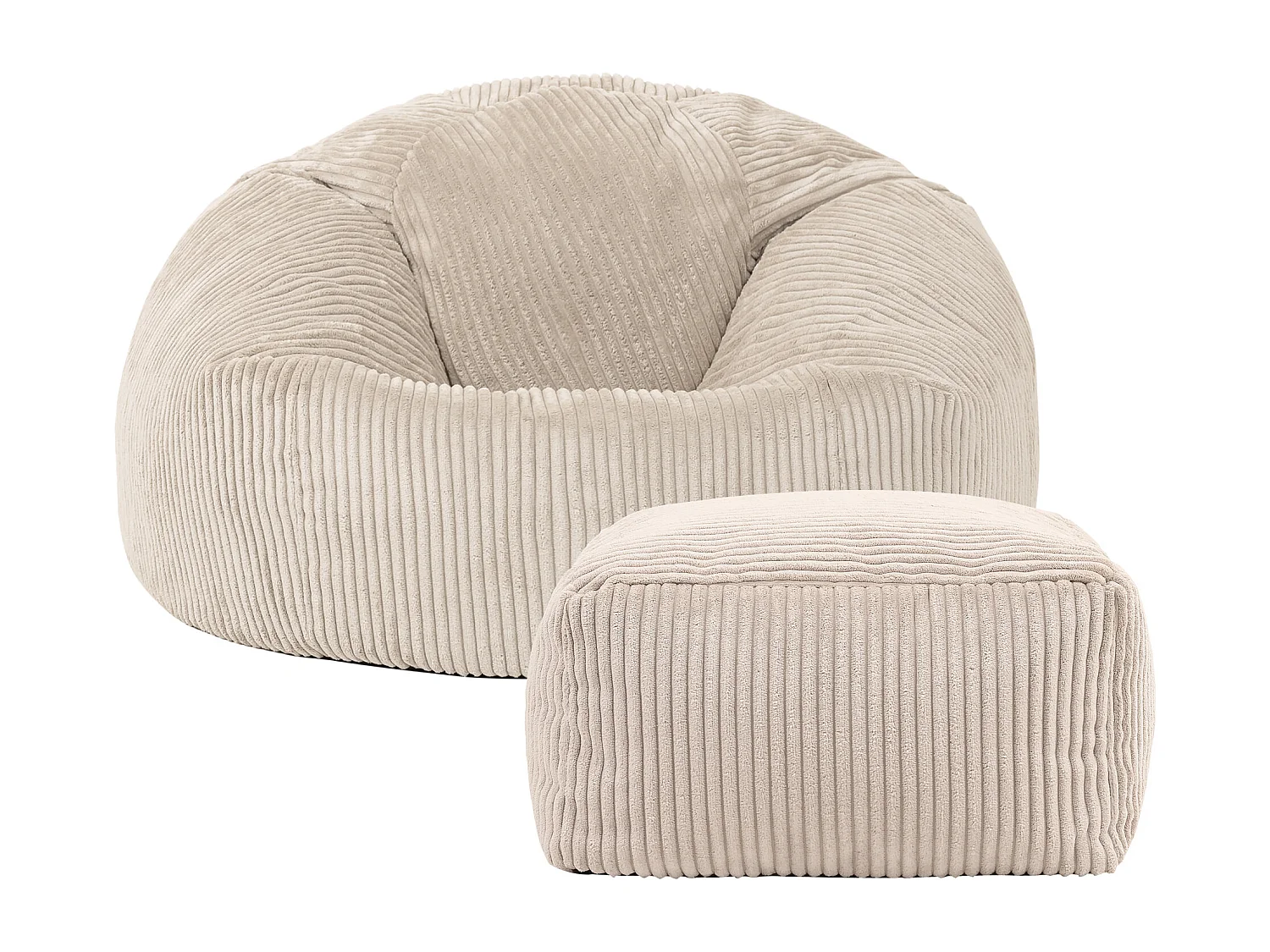 Pouf classique et son repose-pied carré velours côtelé, beige galet, chambre et salon  - KINGSTON