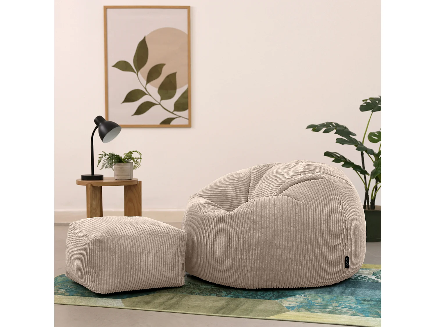 Pouf classique et son repose-pied carré velours côtelé, beige galet, chambre et salon  - KINGSTON