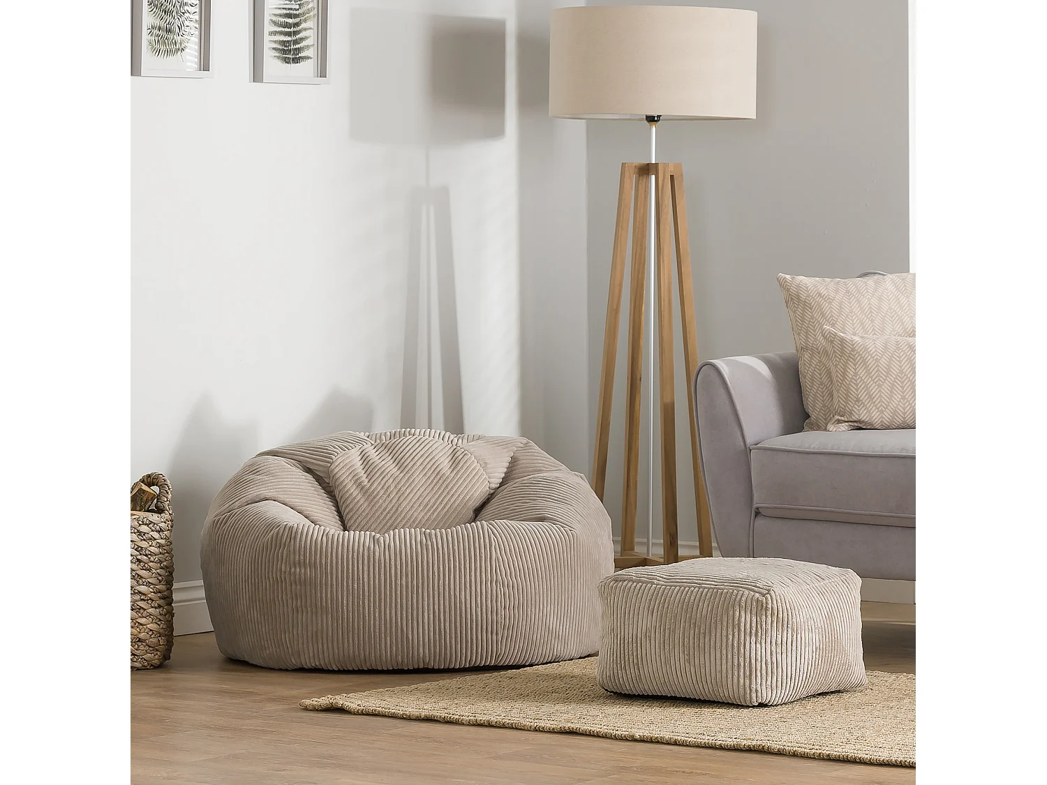 Pouf classique et son repose-pied carré velours côtelé, beige galet, chambre et salon  - KINGSTON
