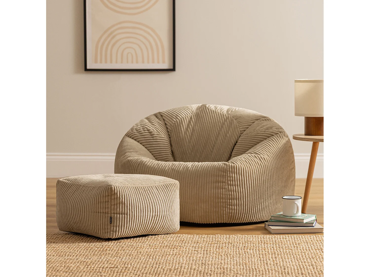 Pouf classique et son repose-pied carré velours côtelé, beige galet, chambre et salon  - KINGSTON