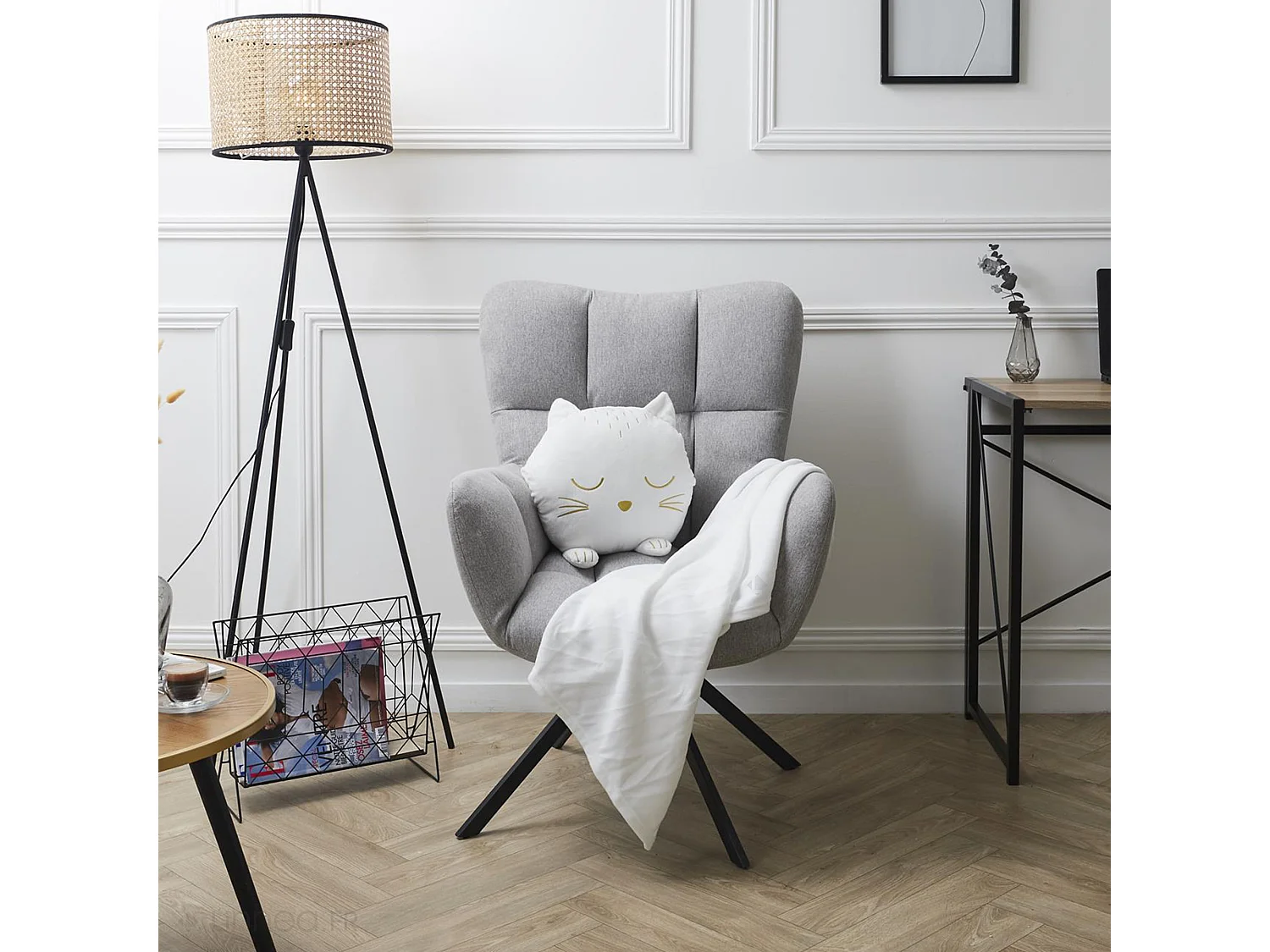 Coussin plaid en polyester 33x15x38 cm collection MIAOU forme chat blanc