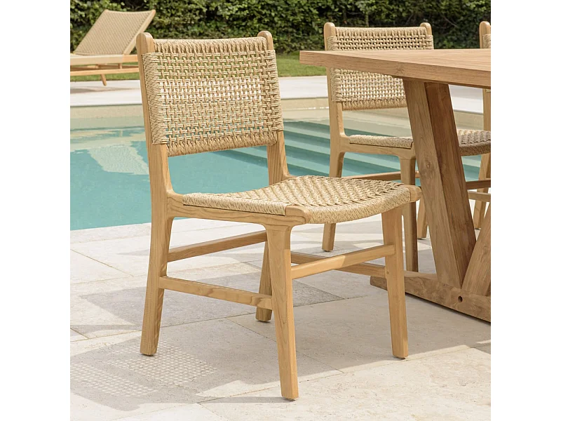 VALERIA - Lot de 2 chaises jardin en bois de teck naturel rotin beige