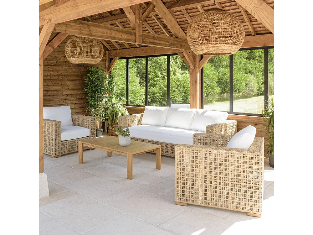 VALERIA - Salon de jardin 6 places en rotin synthétique ajouré beige