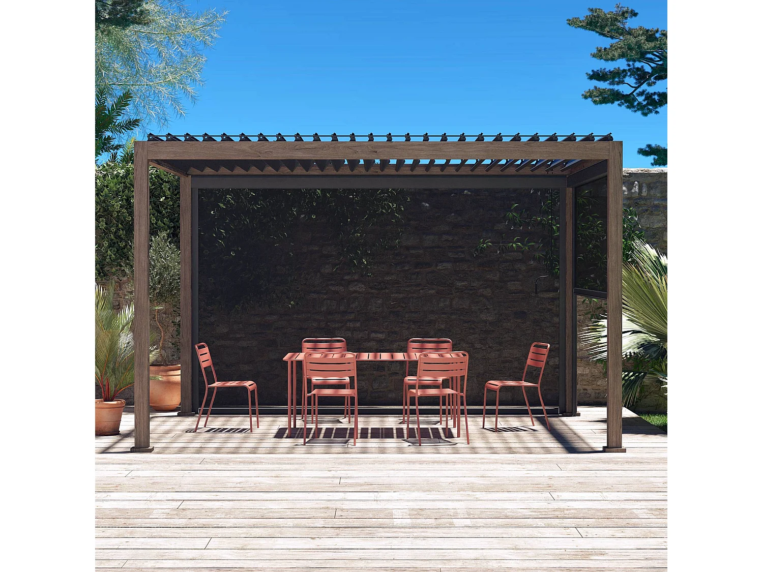 Pergola bioclimatica 3x4m in alluminio + tenda da 3m + tenda da 4m,