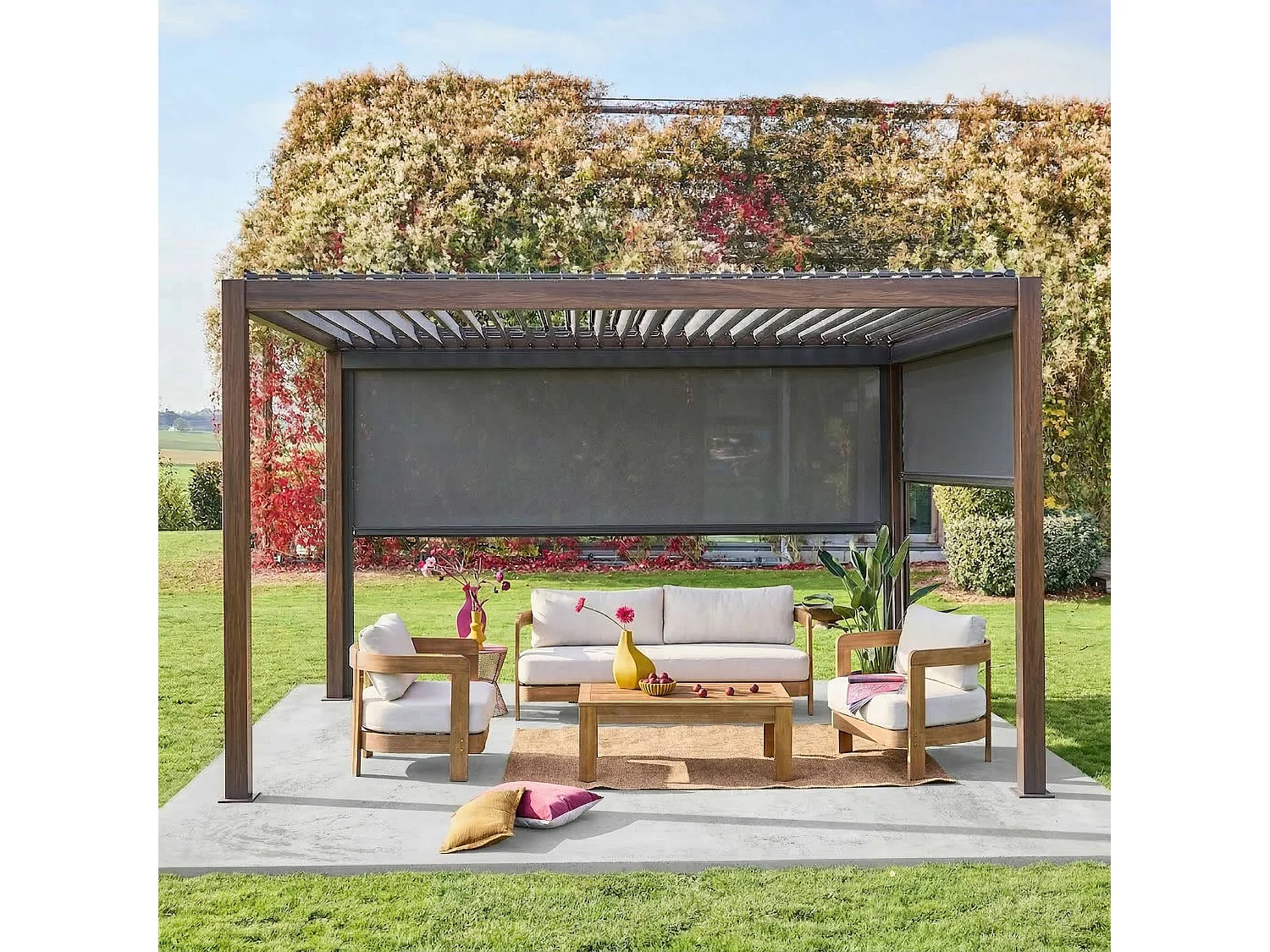 Pergola bioclimatica 3x4m in alluminio + tenda da 3m + tenda da 4m,