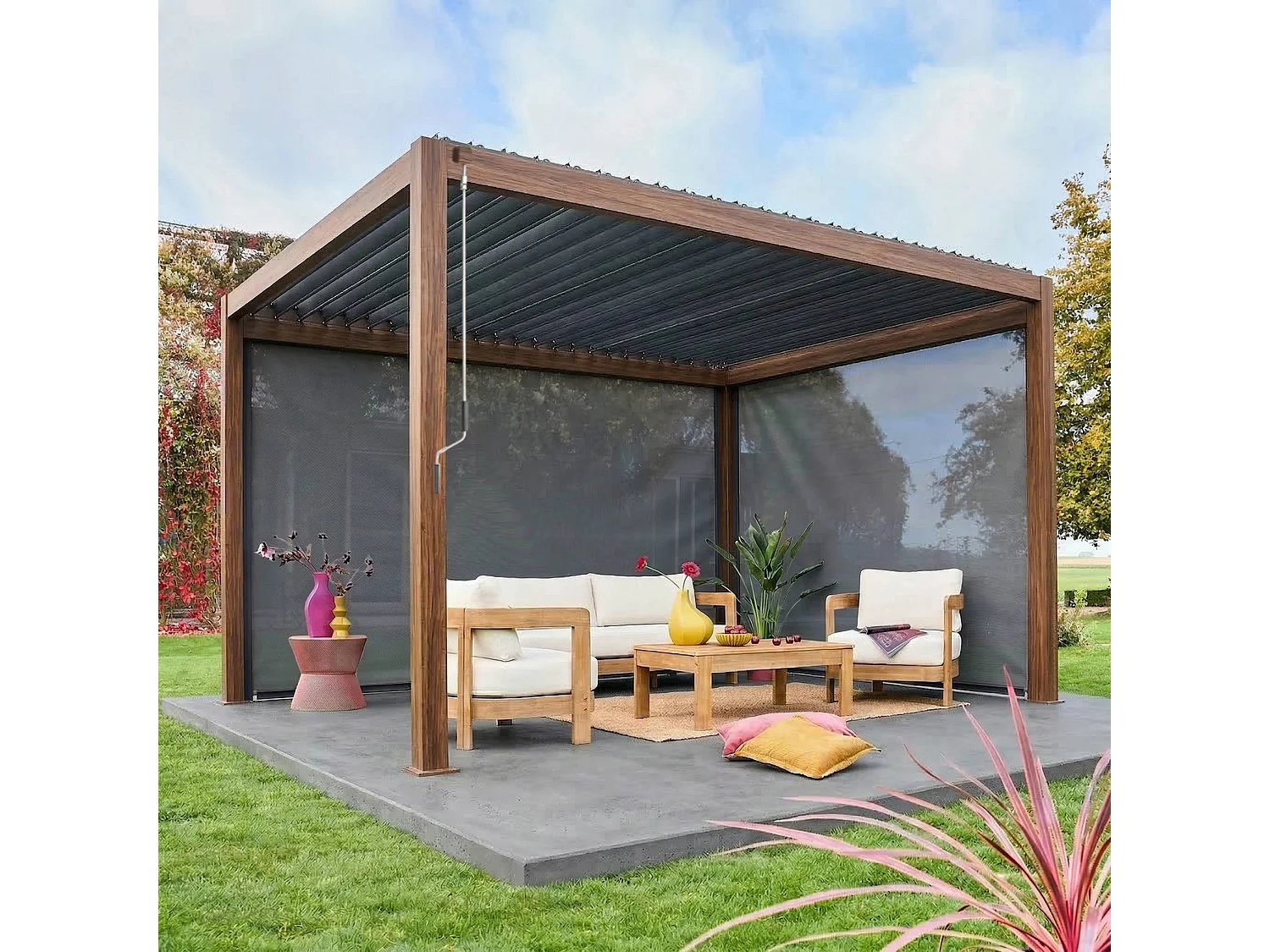 Pergola bioclimatica 3x4m in alluminio + tenda da 3m + tenda da 4m,