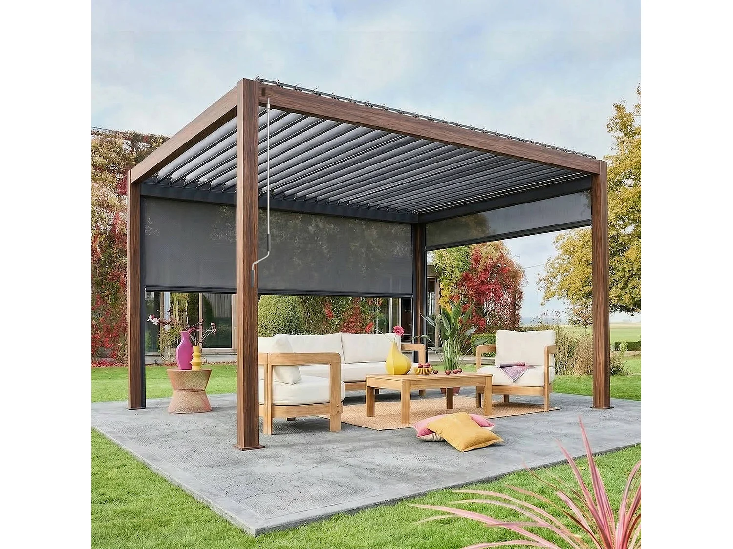 Pergola bioclimatica 3x4m in alluminio + tenda da 3m + tenda da 4m,
