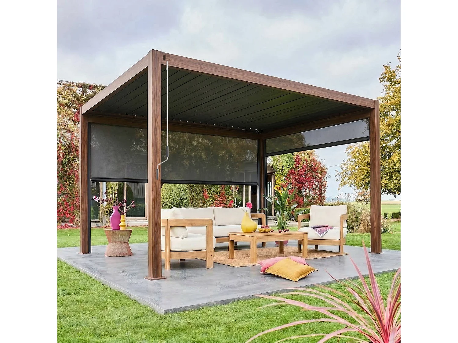 Pergola bioclimatica 3x4m in alluminio + tenda da 3m + tenda da 4m,