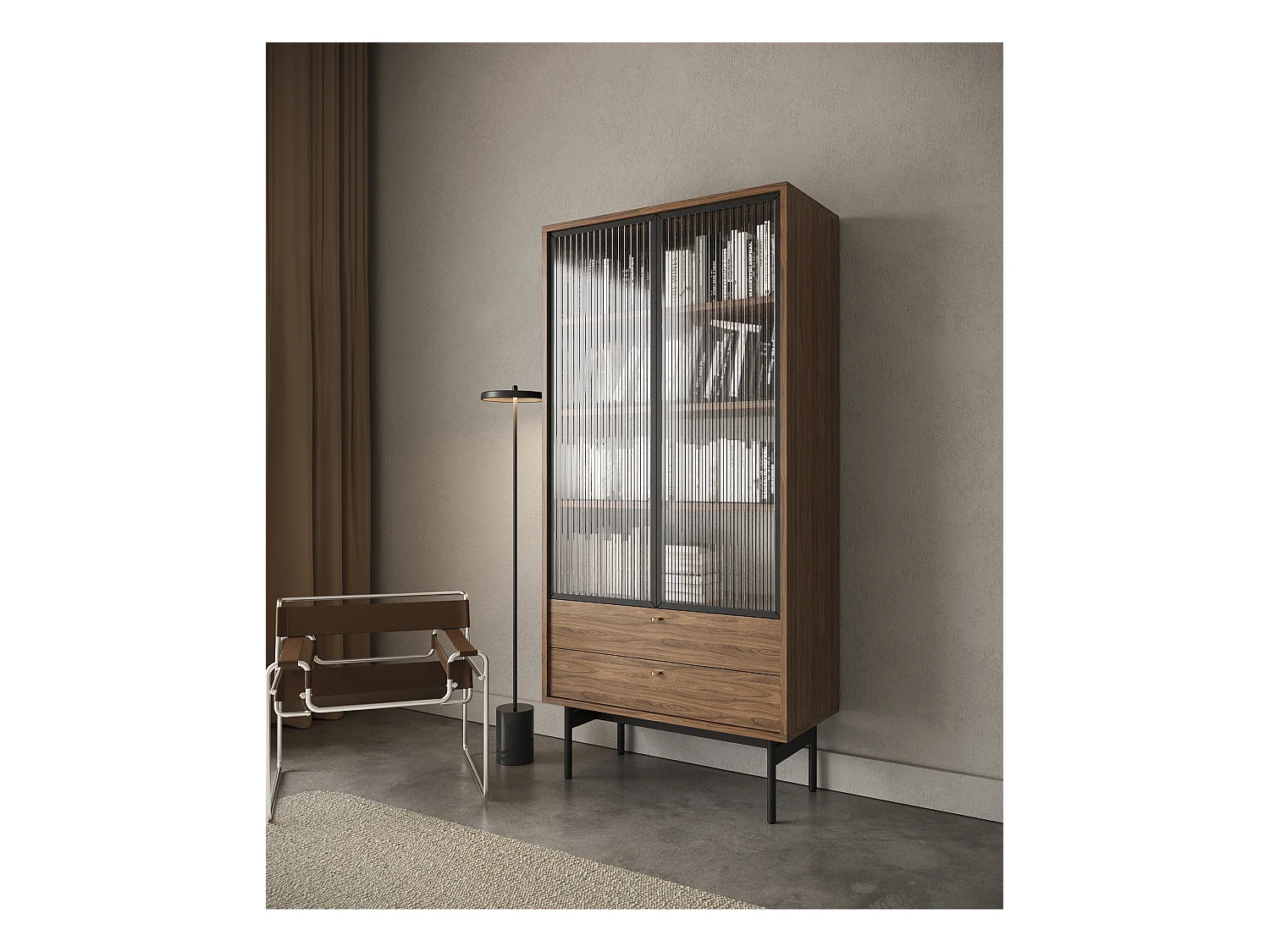 Vitrine haute - 85cm - avec deux tiroirs - Carini noyer naturel - OLAR