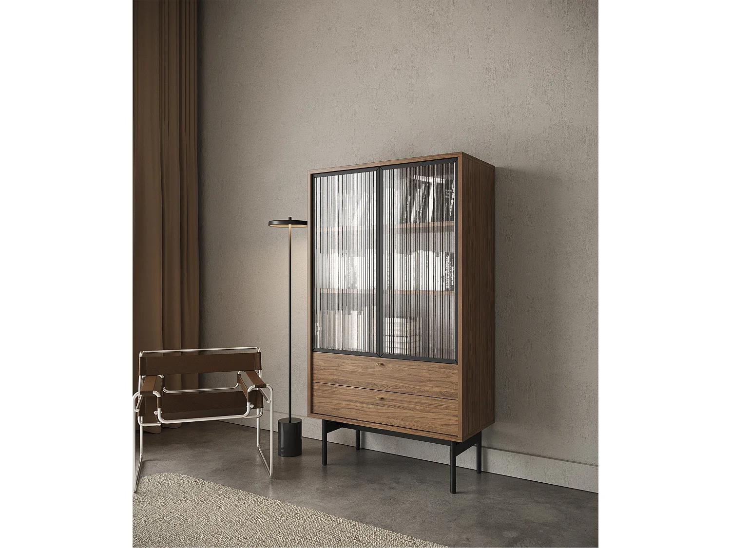Vitrine basse - 85cm - avec deux tiroirs - Carini noyer naturel - OLAR
