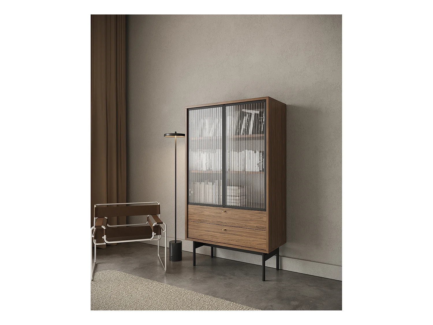Vitrine basse - 85cm - avec deux tiroirs - Carini noyer naturel - OLAR