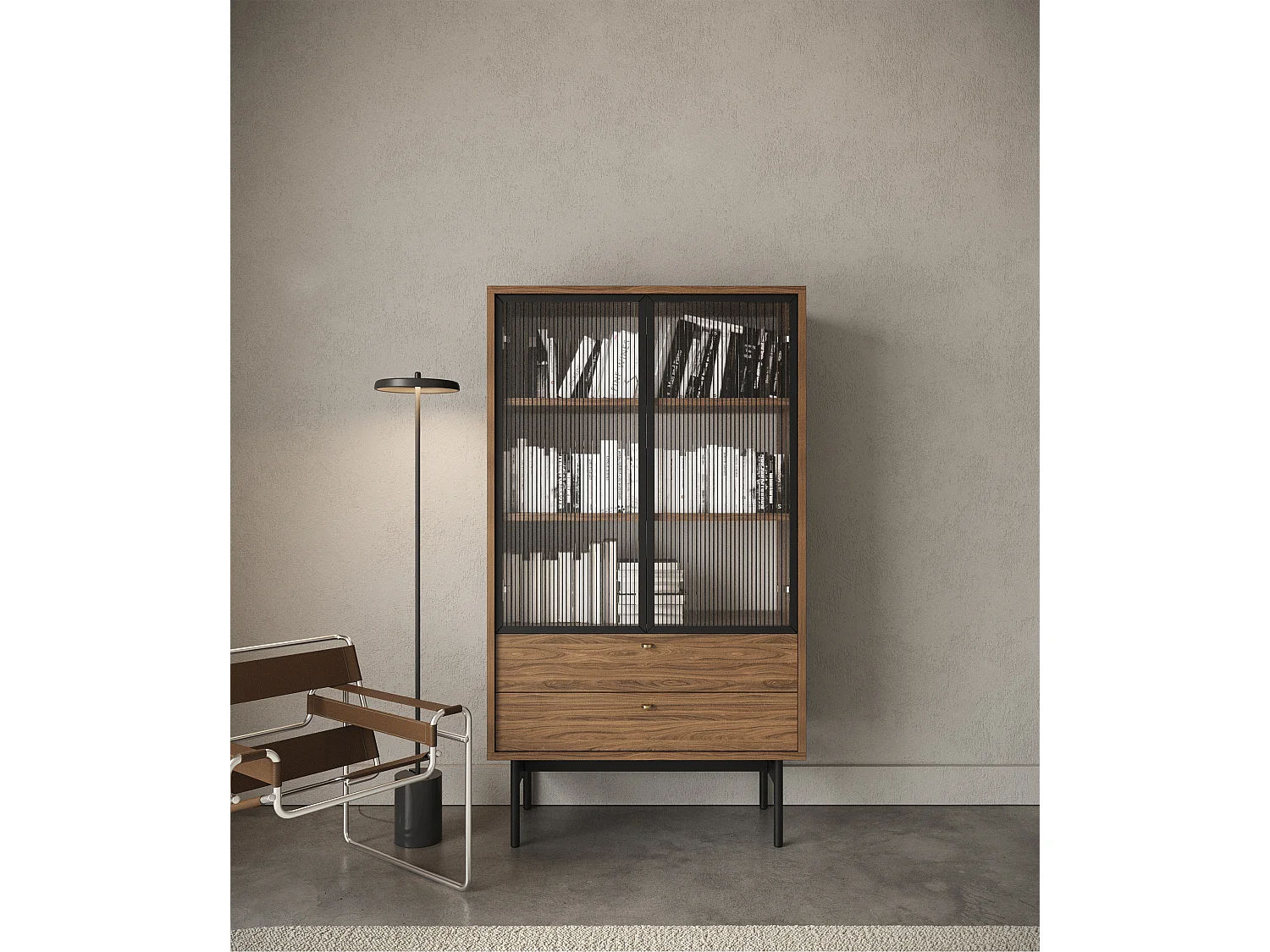 Vitrine basse - 85cm - avec deux tiroirs - Carini noyer naturel - OLAR