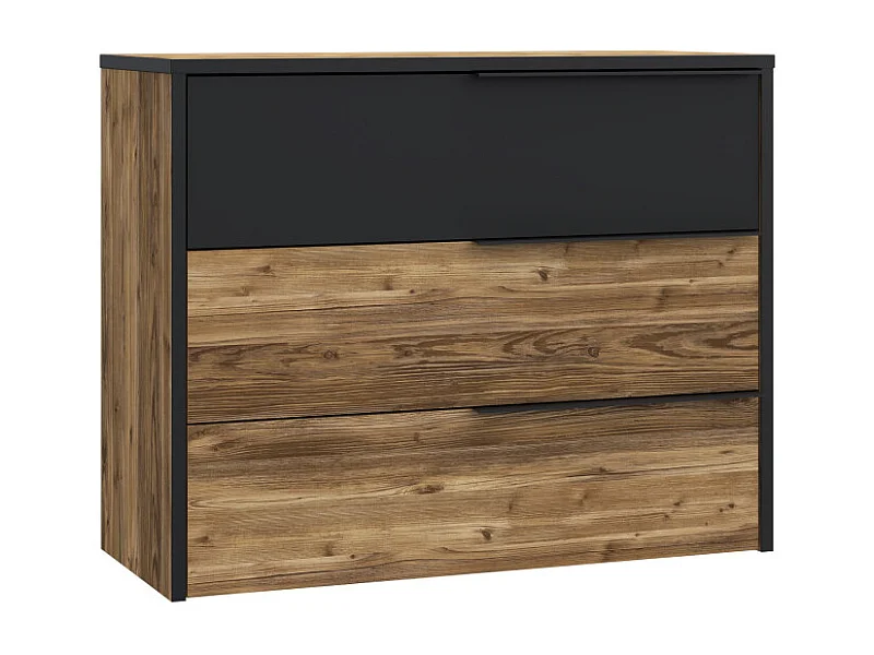 Commode 3 tiroirs H. 80 cm décor bois d'épicéa et noir mat - CELIA