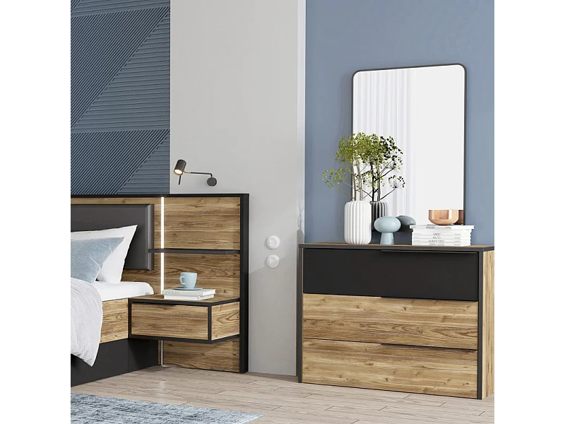 Commode 3 tiroirs H. 80 cm décor bois d'épicéa et noir mat - CELIA