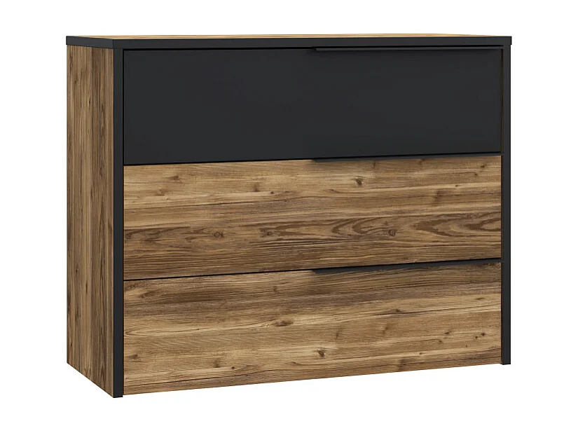 Commode 3 tiroirs H. 80 cm décor bois d'épicéa et noir mat - CELIA