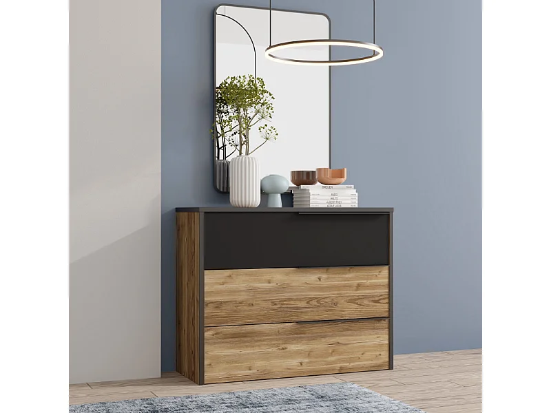 Commode 3 tiroirs H. 80 cm décor bois d'épicéa et noir mat - CELIA