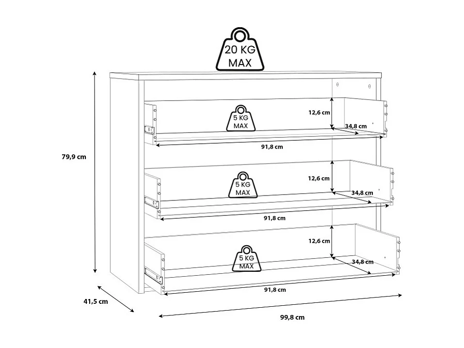 Commode 3 tiroirs H. 80 cm décor bois d'épicéa et noir mat - CELIA
