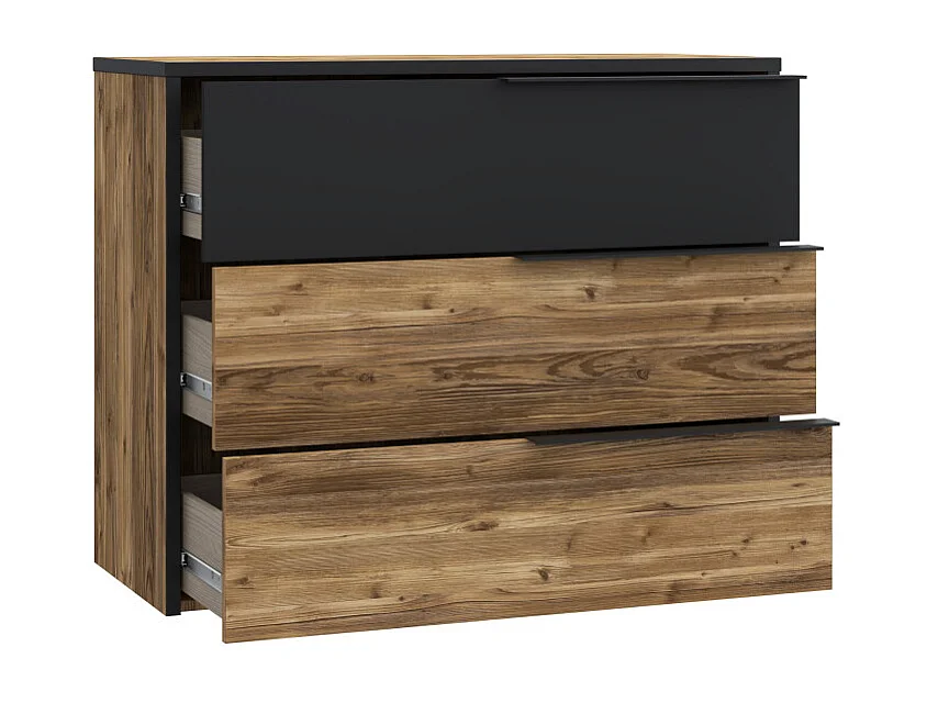 Commode 3 tiroirs H. 80 cm décor bois d'épicéa et noir mat - CELIA