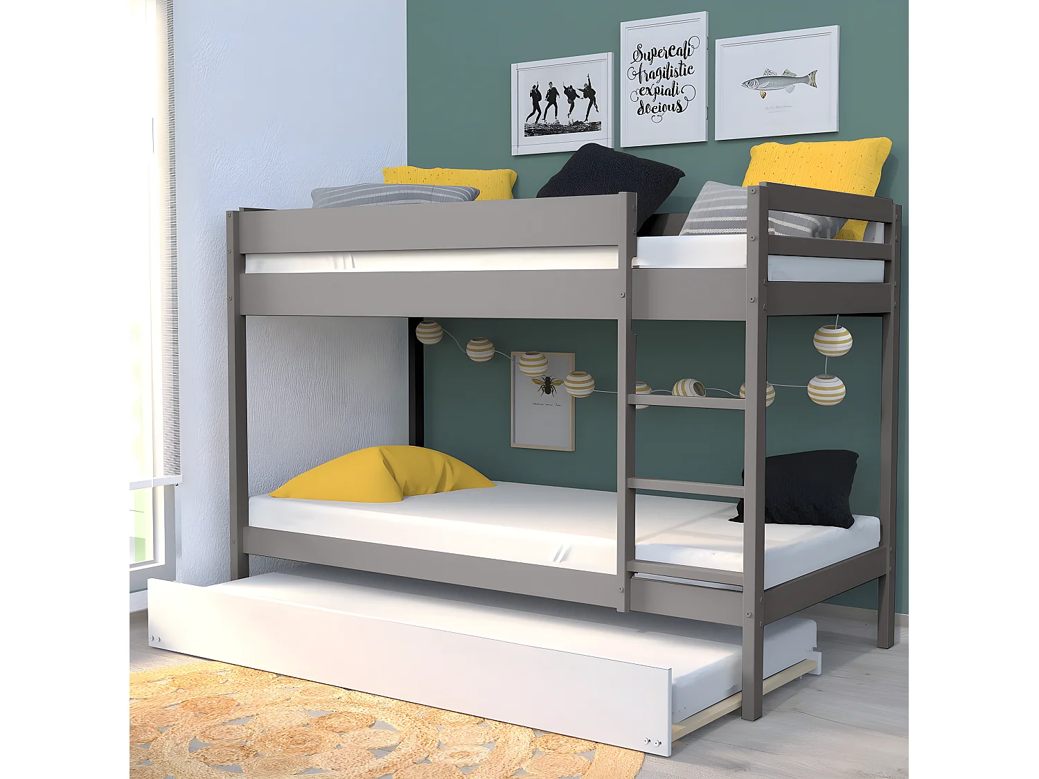 Lit superposé Wally 90x190 + 2 sommiers + 1 lit tiroir/blanc-gris