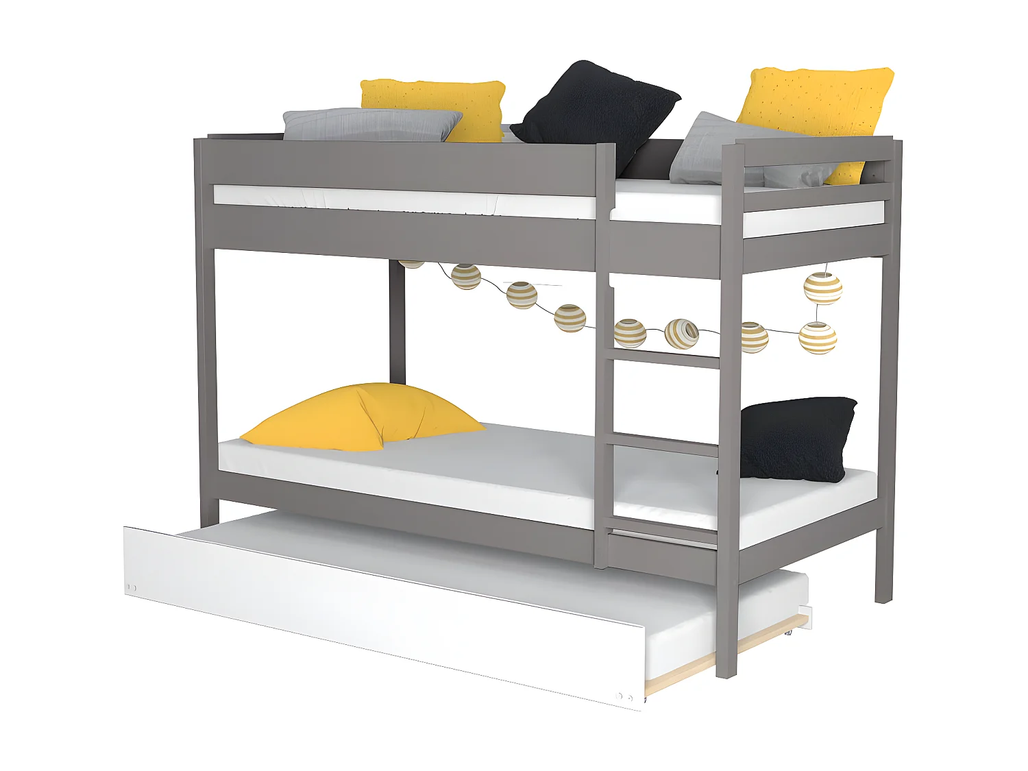 Lit superposé Wally 90x190 + 2 sommiers + 1 lit tiroir/blanc-gris