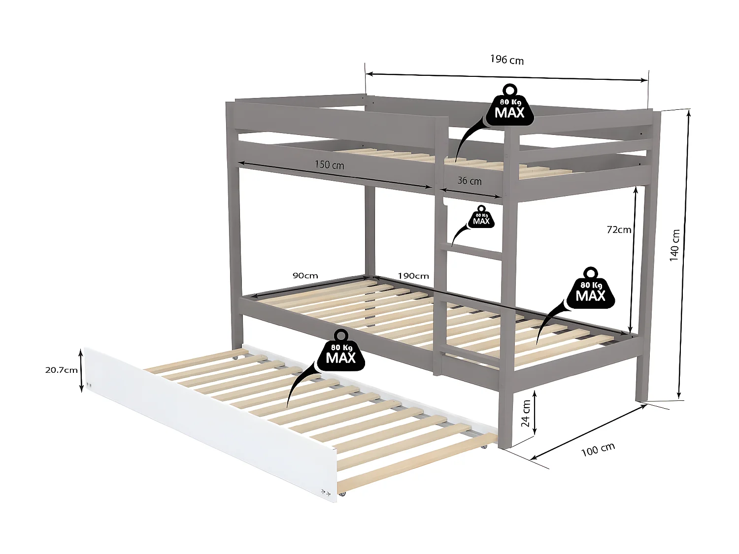 Lit superposé Wally 90x190 + 2 sommiers + 1 lit tiroir/blanc-gris