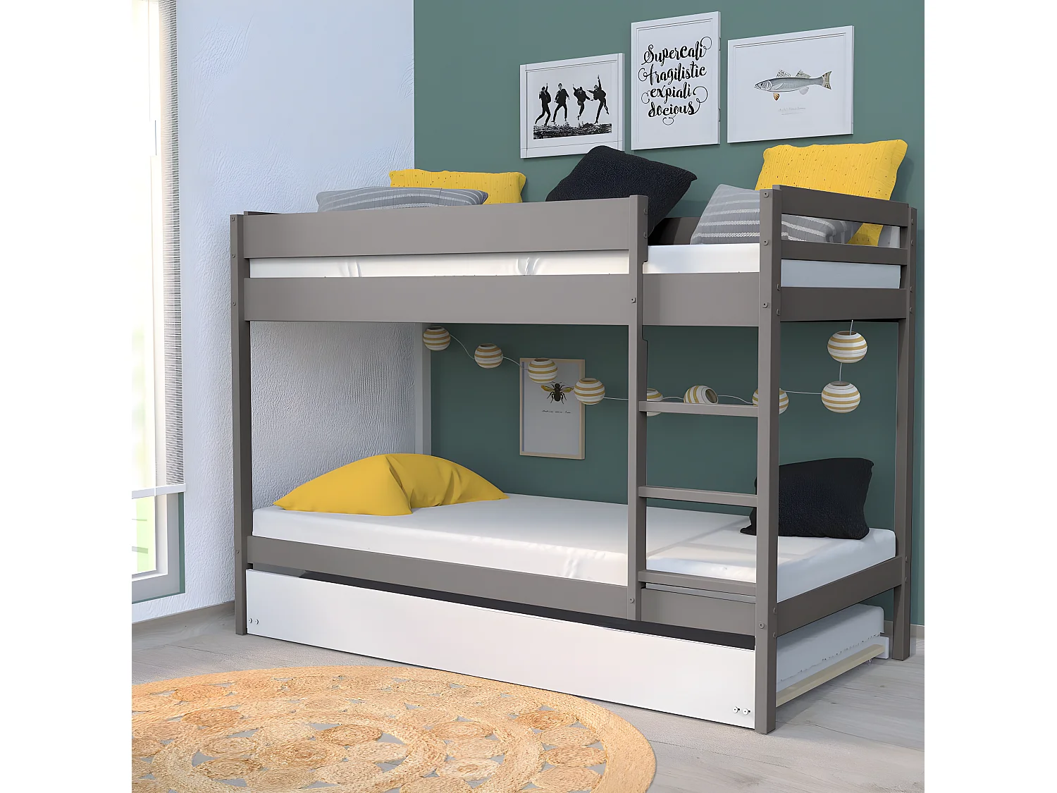 Lit superposé Wally 90x190 + 2 sommiers + 1 lit tiroir/blanc-gris