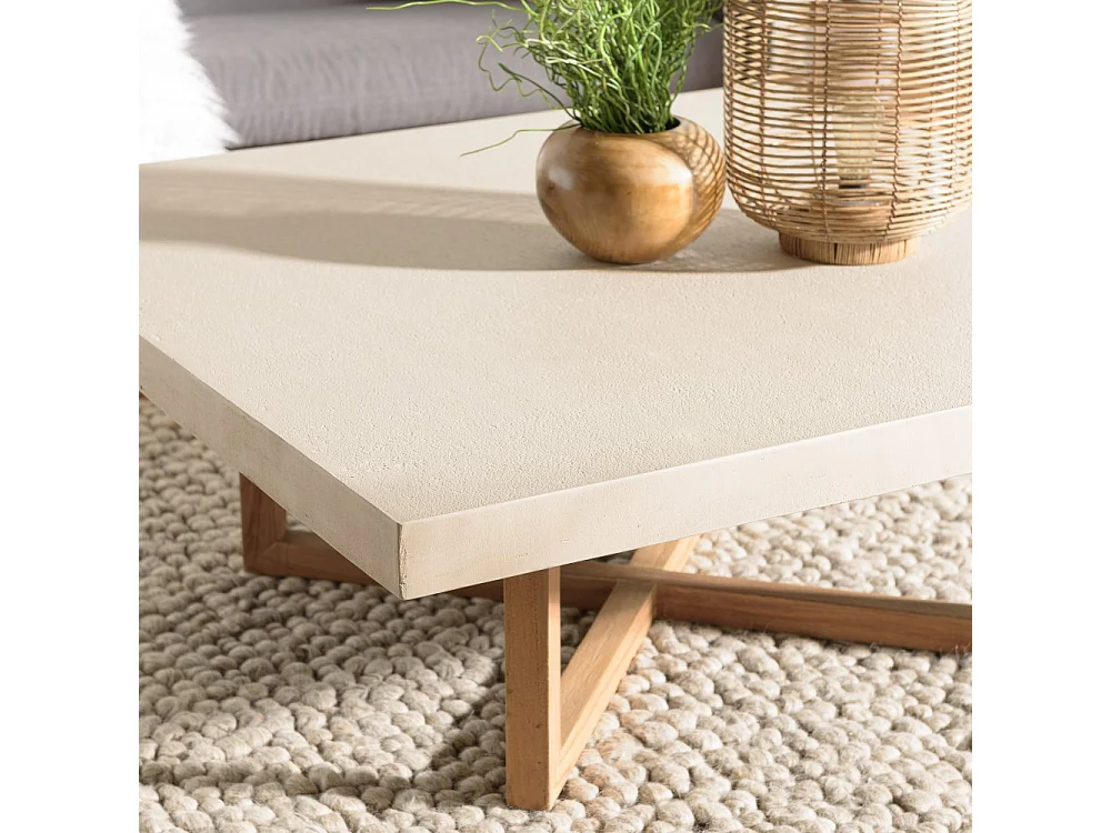 DAK - Table basse carrée 107x107cm en béton et bois de teck beige