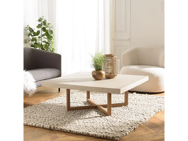 DAK - Table basse carrée 107x107cm en béton et bois de teck beige