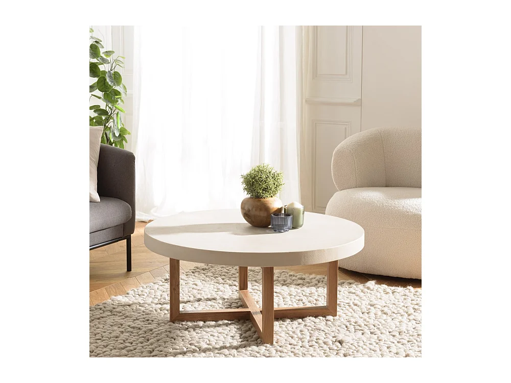 DAK - Table basse ronde 92x92cm en béton beige pieds croisés en teck