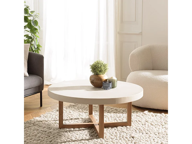 DAK - Table basse ronde 92x92cm en béton et bois de teck beige