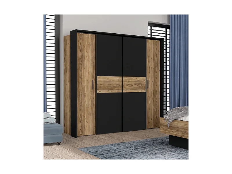 Grande armoire dressing 209 cm décor bois d'épicéa et noir mat - CELIA