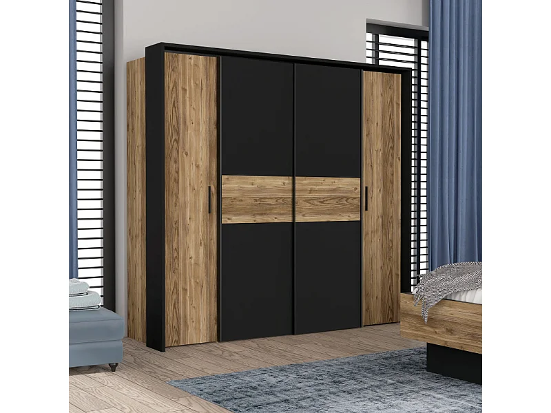 Grande armoire dressing 209 cm décor bois d'épicéa et noir mat - CELIA