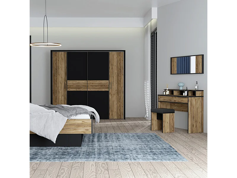 Grande armoire dressing 209 cm décor bois d'épicéa et noir mat - CELIA