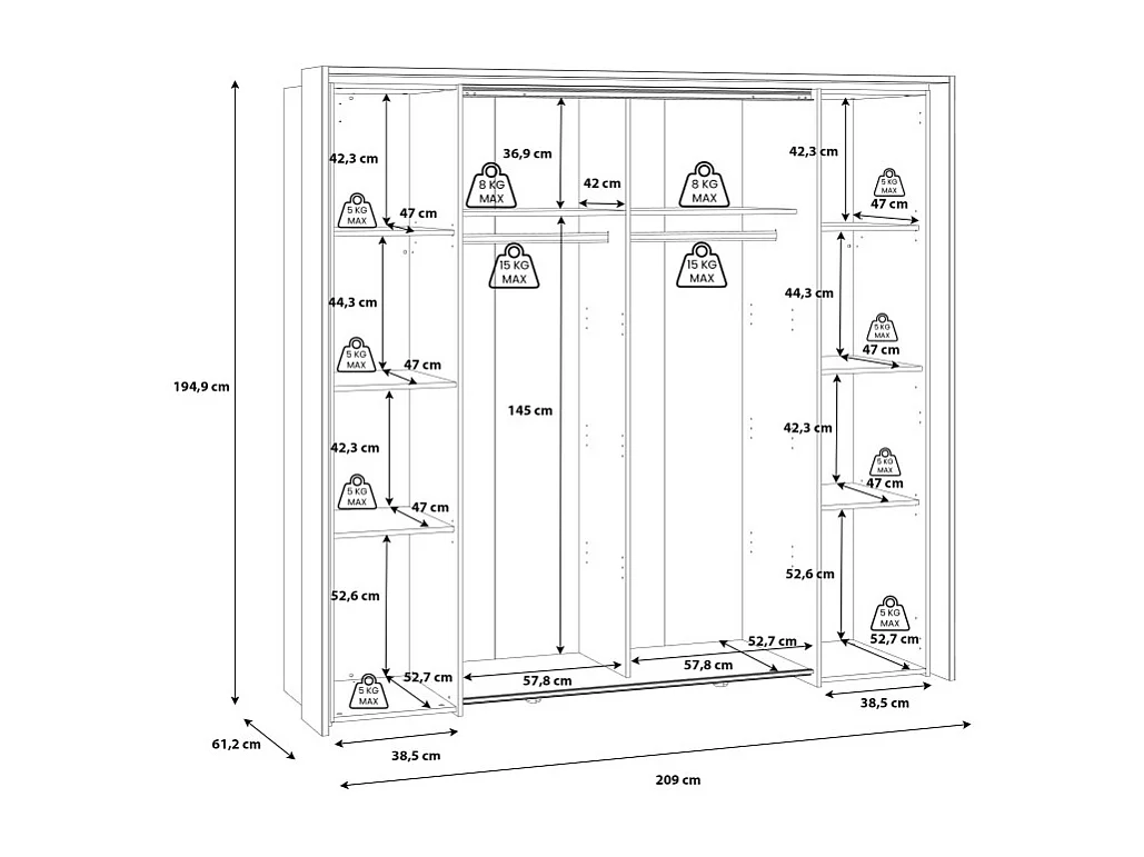 Grande armoire dressing 209 cm décor bois d'épicéa et noir mat - CELIA