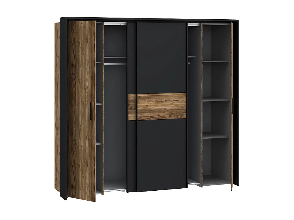 Grande armoire dressing 209 cm décor bois d'épicéa et noir mat - CELIA