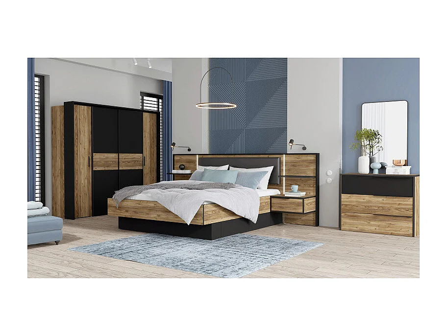 Grande armoire dressing 209 cm décor bois d'épicéa et noir mat - CELIA