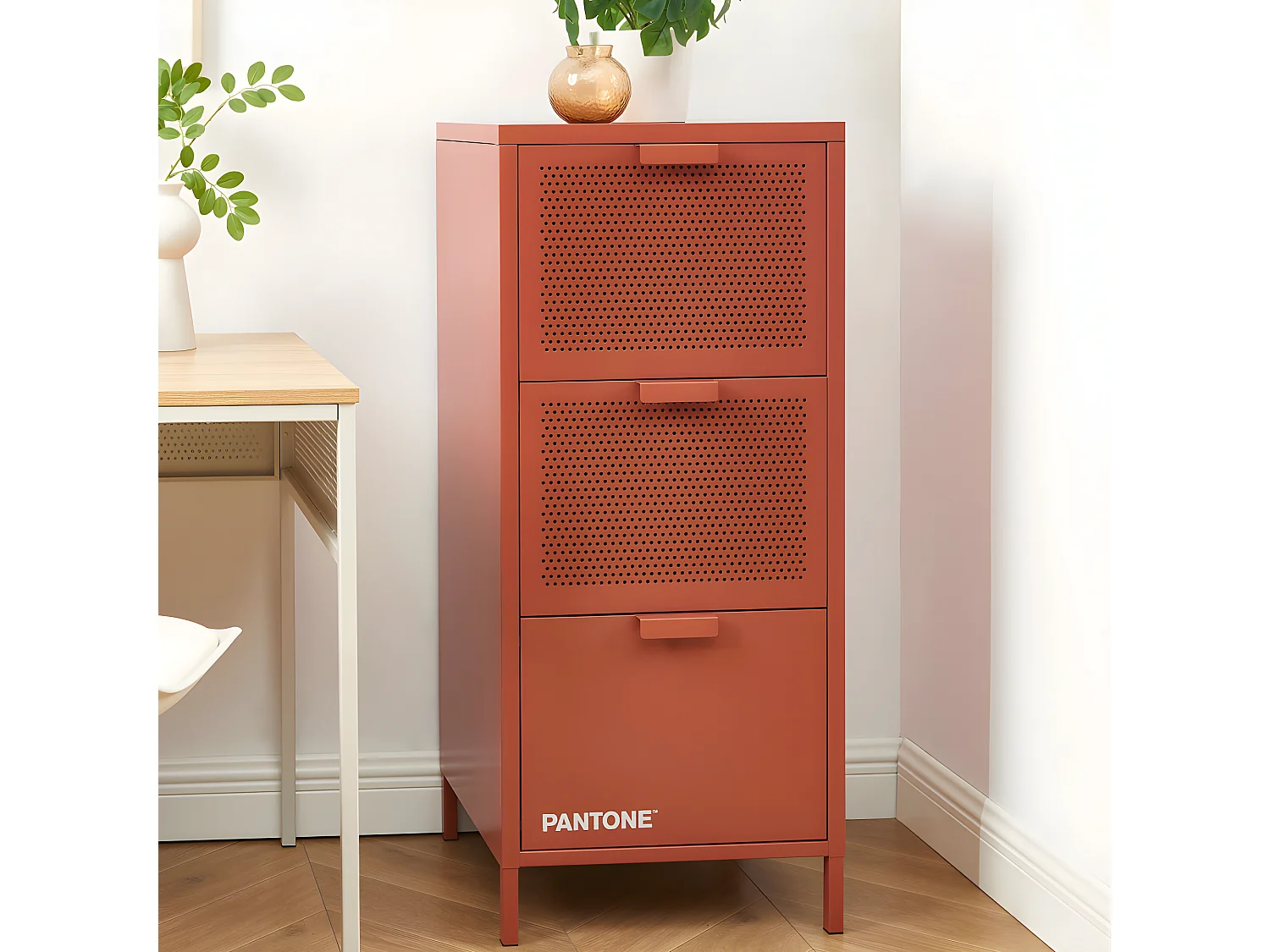 Nino - Petit meuble de rangement 3 tiroirs en métal PANTONE H105cm - Terracotta