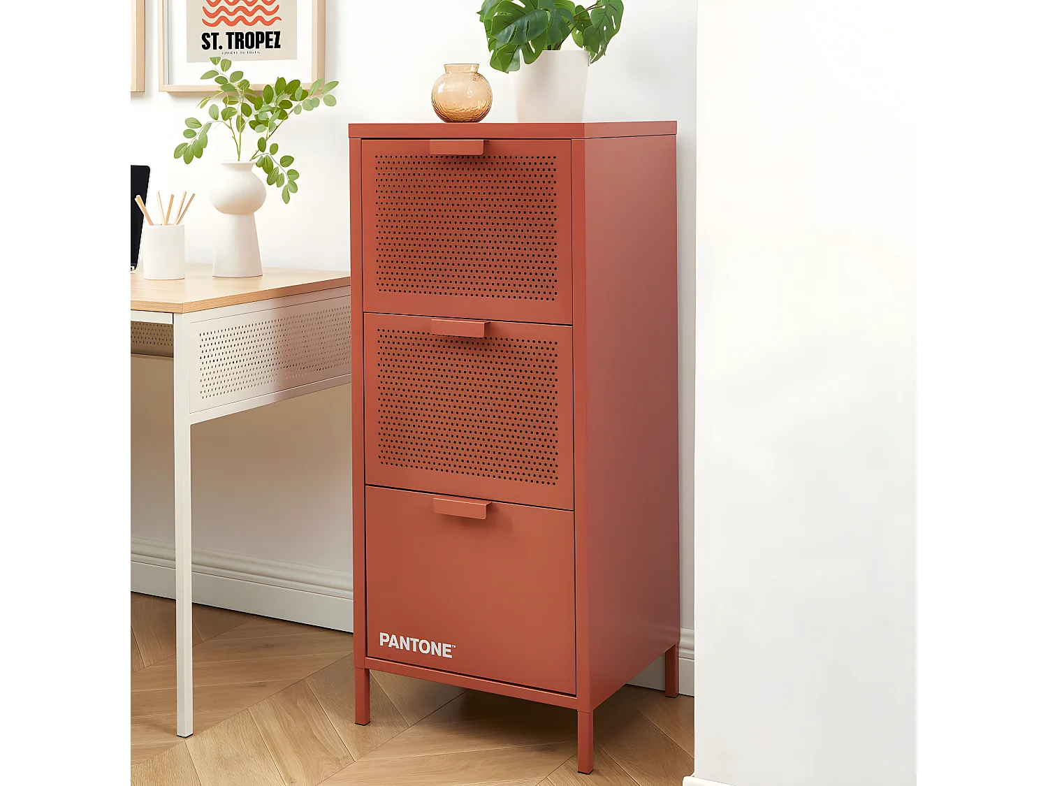 Nino - Petit meuble de rangement 3 tiroirs en métal PANTONE H105cm - Terracotta