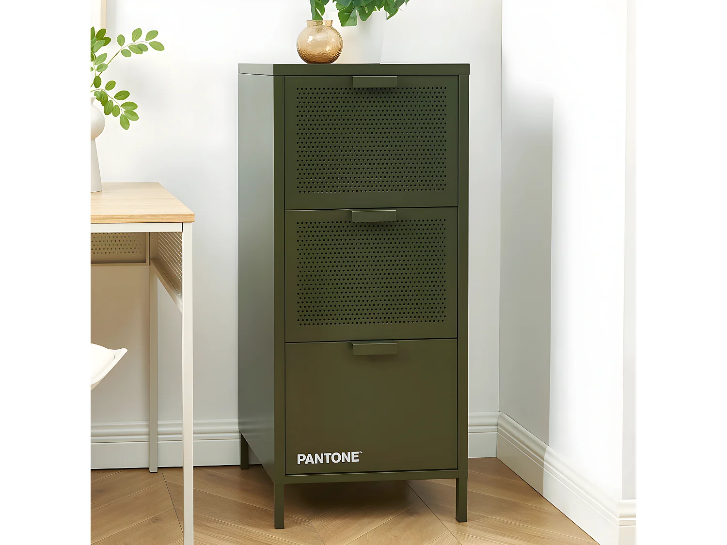 Nino - Petit meuble de rangement 3 tiroirs en métal PANTONE H105cm - Vert kaki