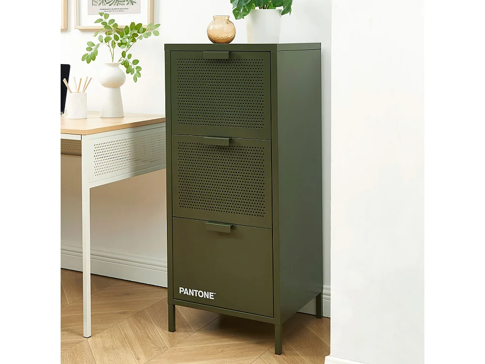 Nino - Petit meuble de rangement 3 tiroirs en métal PANTONE H105cm - Vert kaki