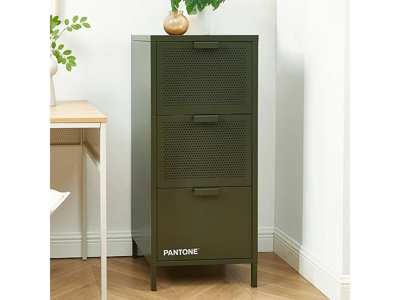 Nino - Petit meuble de rangement 3 tiroirs en métal PANTONE H105cm - Vert kaki
